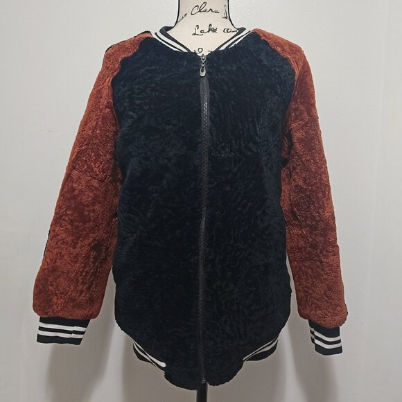 NewReal Merino Sheepskin Lamb Leather Fur Coat Baseball Jacket Camel Brown Black - Picture 1 of 5